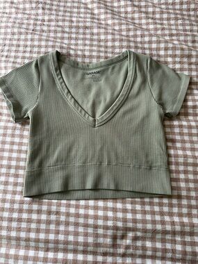 Garage Ribbed Deep V-Neck Short Sleeve Crop